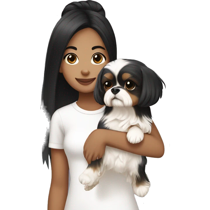 Black hair Asian girl wearing white and holding a Yorkie Shih Tzu puppy black and beige￼ emoji