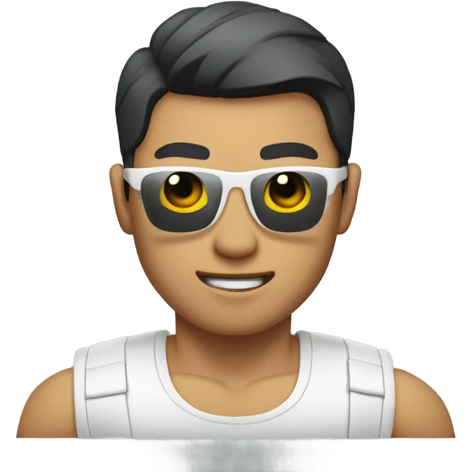 asian personal trainer short golden hair with sunglasses white vest man flexing bicep emoji