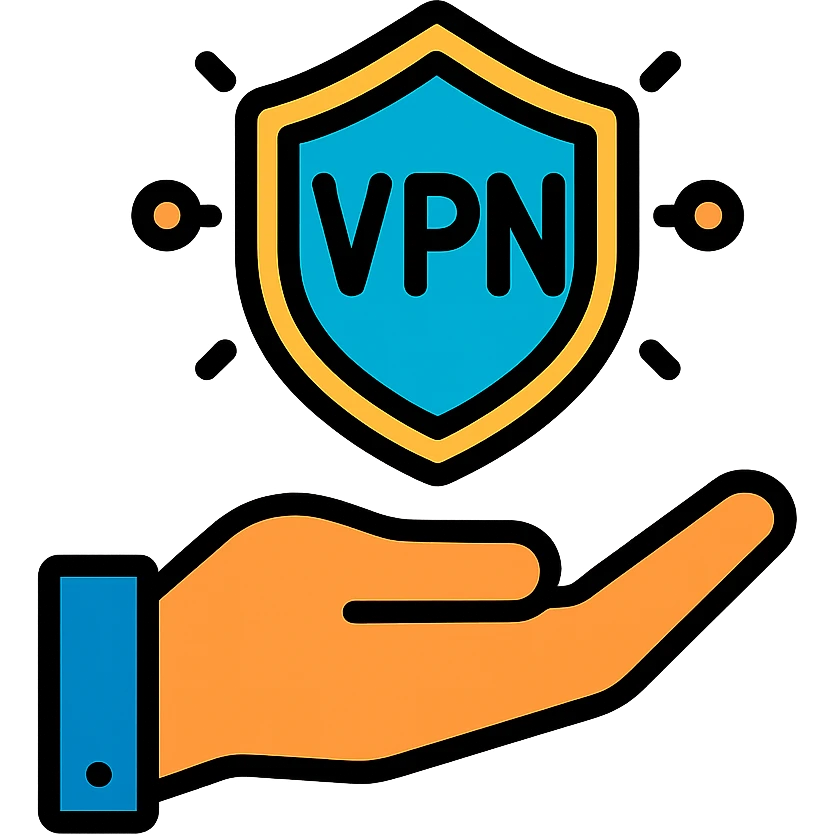 a hand surrounded by a glowing VPN shield, safe and secure, modern icon style emoji