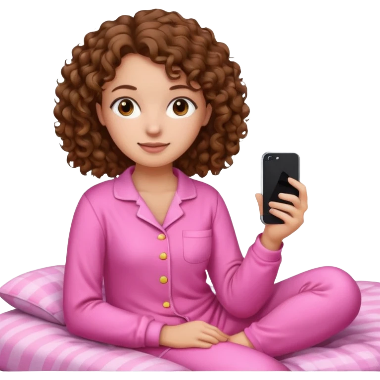 young woman with curly brown hair wearing pink pajamas, iPhone emoji style emoji