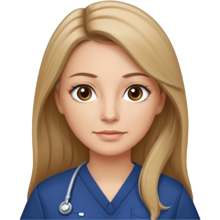 middle aged woman with long, straight light brown / dark blonde hair, grey eyes, winged eyeliner, natural makeup, wearing navy blue scrub top emoji