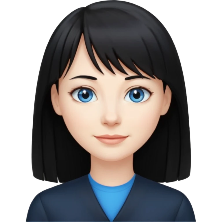 40 yr old woman long straight black hair, pale skin, blue eyes, black clothes, small smile, bangs emoji