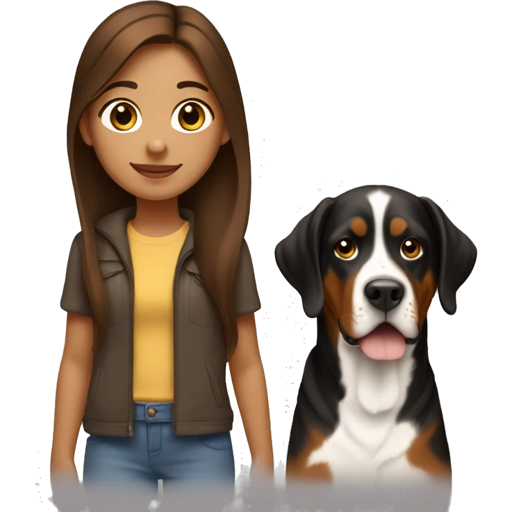 girl with long brown hair holding a greater swiss mountain dog emoji
