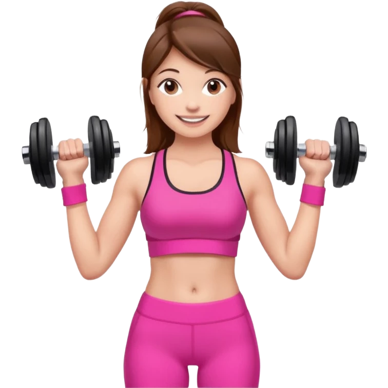 beautiful girl with brown hairs in sport wear in her hands is dumbbells her skin was light and hairs too and her sport wear was pink  emoji