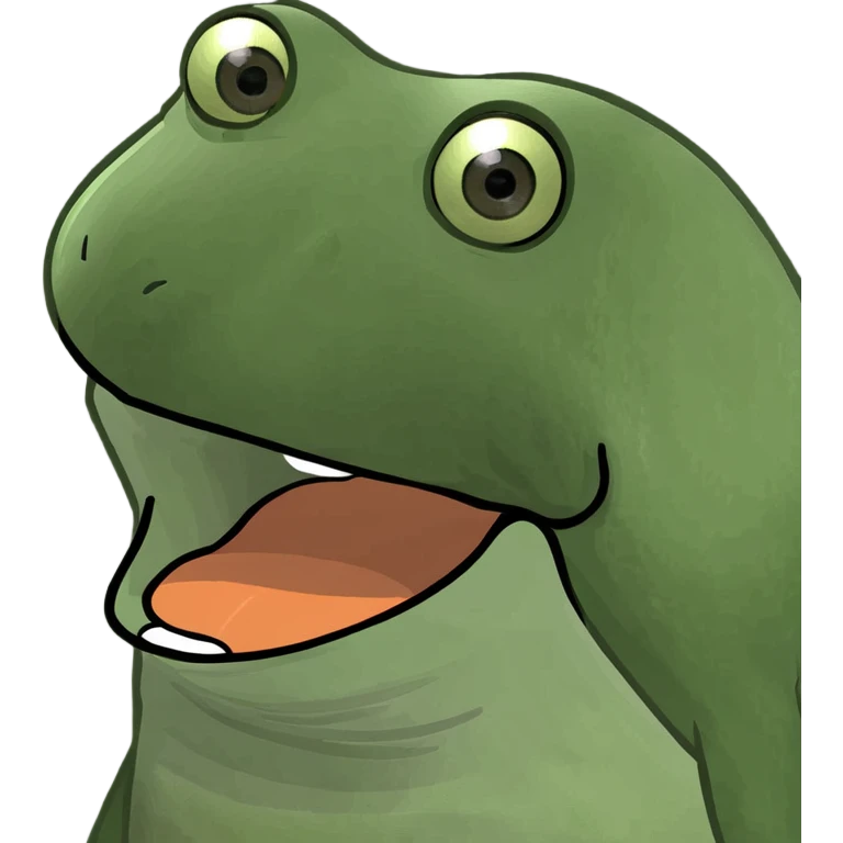 an amazed bufo frog, mouth open in shock, vibrant green, meme style emoji