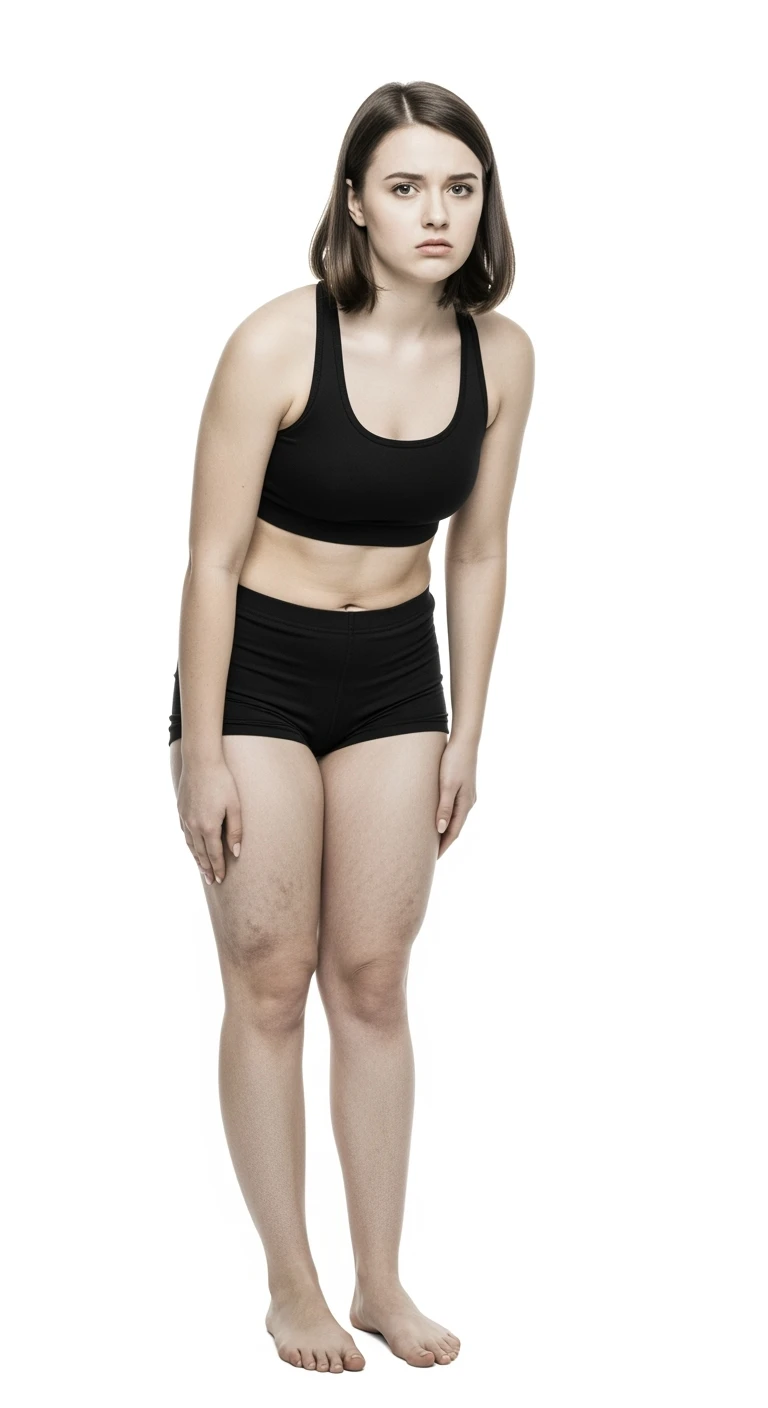 donna giovane con cellulite buchi di cellulite e ritenzione in gym short leggermente piegata in avanti, con espressione dispiaciuta in volto isolata su sfondo bianco emoji
