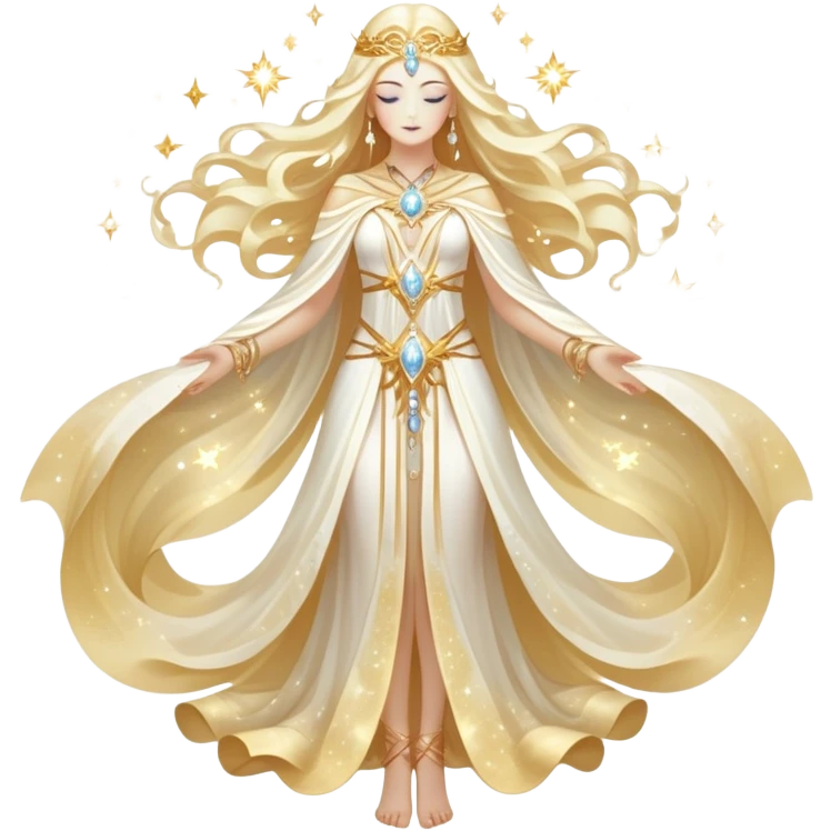 fullbody universe goddess Sophia, Ethereal Light Being, Made of starlight and fractals, Glowing white/gold skin with flowing translucent robes, Hair like galaxy mist, Jewelry made of stars and crystals emoji