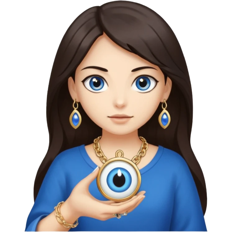 A girl with dark brown hair is holding a huge evil eye amulet in her hand. emoji