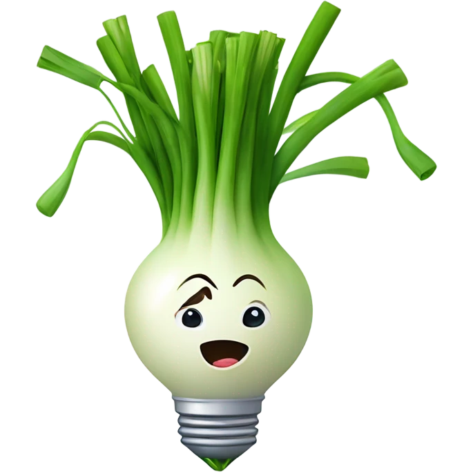 Smiling green onion with a bundle of long, thin green stalks as hair, big expressive eyes, and a cheerful cartoonish face on the white bulb section. Vibrant and playful design. emoji
