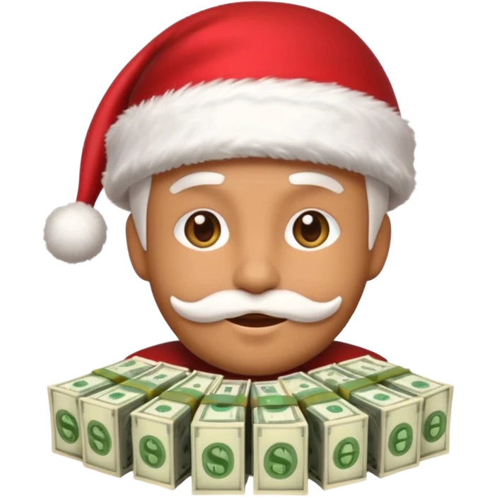 A confident rich emoji face wearing a Santa hat, money stacks, casino vibe, New Year theme, premium 3D emoji style, sharp details, no text, isolated on transparent background emoji
