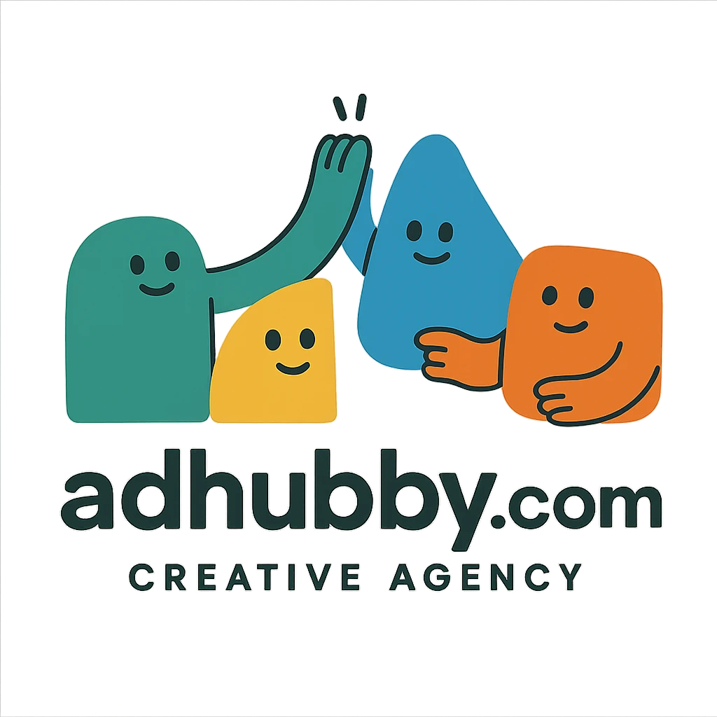 Logo for adhubby.com, creative agency, four founders, collaborative theme, colorful, approachable, includes abstract shapes or mascots, conveys helpfulness for small businesses emoji