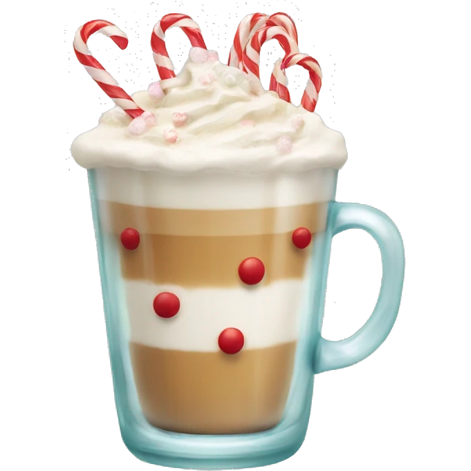 A glass with latte inside with small candy canes ornaments on the glass emoji