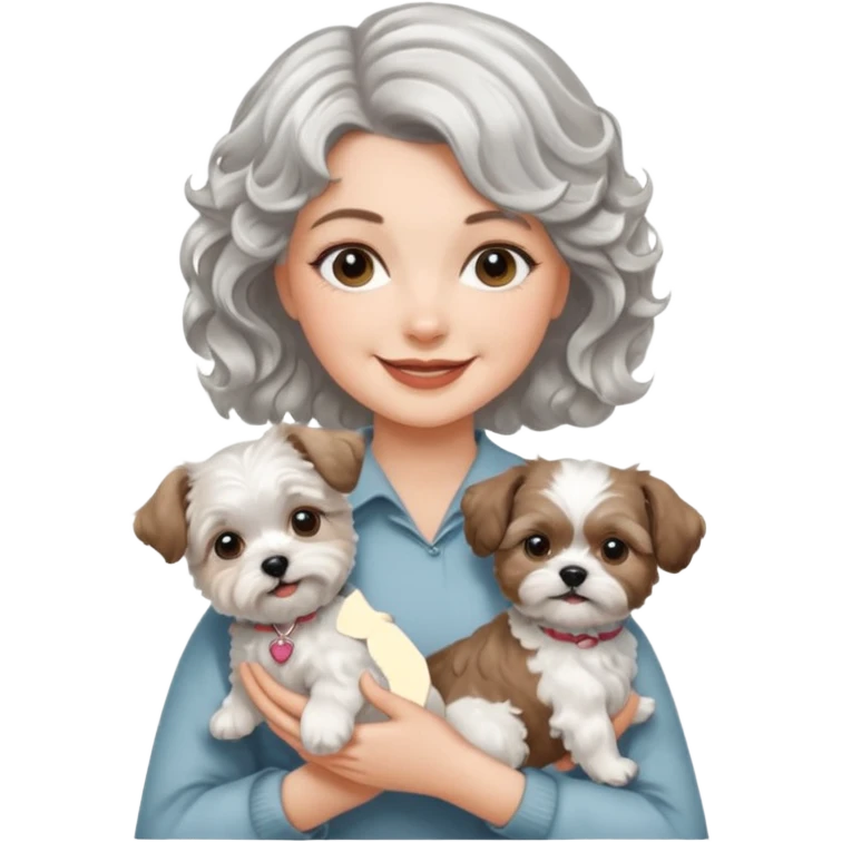 silver, short, wavy-haired with loose curls, smiling pretty lady holding a westie terrier dog and a shih tzu dog emoji