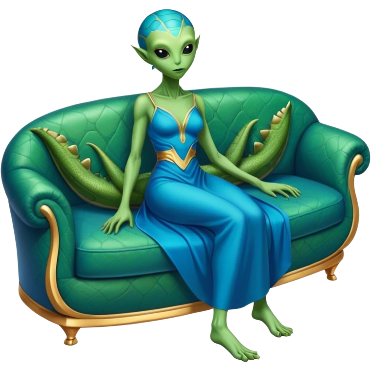 a reptilian green alien woman, in blue gold dress, lie on couch comfy, full figure emoji