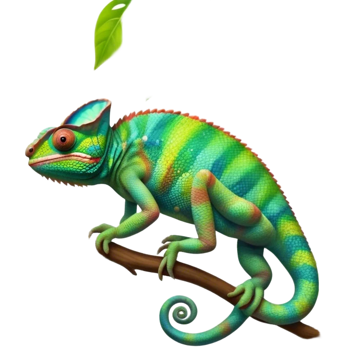 Giant chameleon on a branch, blending with vibrant greenery. Detailed scales in shifting colors, showing the chameleon’s ability to camouflage. Soft natural light highlights its texture. Nature background with leafs aтв адщцукы. Lush jungle background with vivid foliage, transparent background. emoji