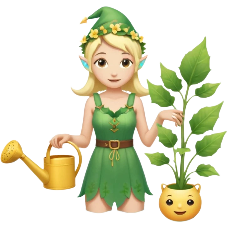 elf female tending to glowing beach plants, floral sundress, watering can or magic light, pointy ears, gentle smile, centered emoji, pastel magic emoji