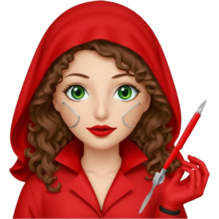 Lilith symbol sexy evil woman. She has green eyes.  had brown long curly hair.  evil surgeon kills with scalpel wears red sexy doctor coat with red mouth cover red gloves. Covers nose, neck  and mouth with Muslim red berka emoji