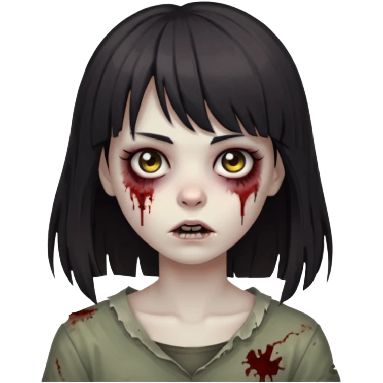 zombie 🧟‍♀️+👩🏻= girl dark hair long her shoulders bangs and ragged haircut gray eyes emoji