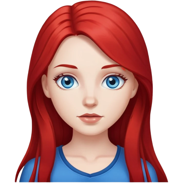 White girl with long red and black hair, with blue eyes emoji