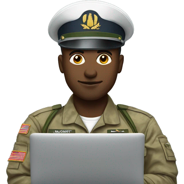 white software engineer in military uniform in front of laptop emoji