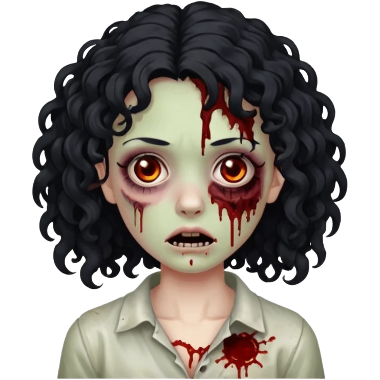 a zombie with curly medium black hair, dark brown eyes and a bit of blood on her cheek emoji