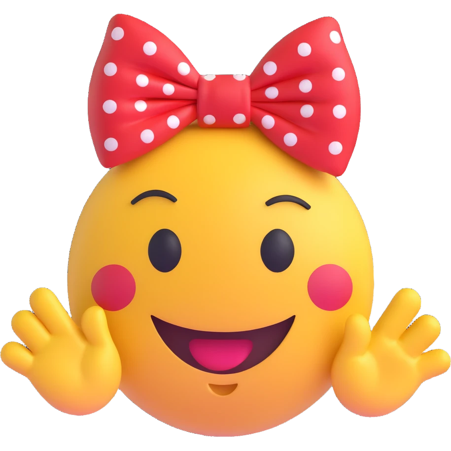 3D smiley emoji with big eyelashes, red polka dot bow, winking and waving, cheerful emoji