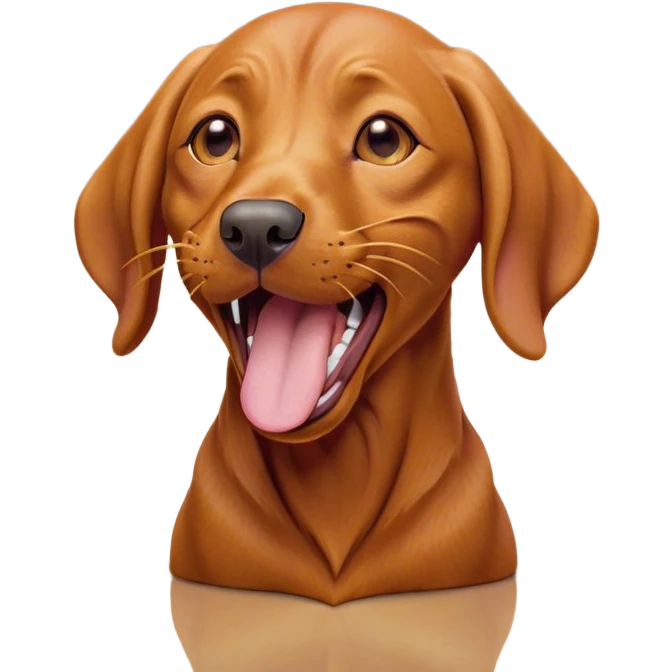 Cinematic Cute Yawning Vizsla Portrait Emoji, Head tilted slightly with a dramatic, wide-open yawn, showcasing a smooth rust and gold Fur with a subtle shimmer, floppy ears slightly drooping, round amber eyes barely open in drowsy contentment, Simplified yet irresistibly adorable features, highly detailed, glowing with a soft, cozy glow, high shine, relaxed yet expressive, stylized with a touch of whimsy, bright and endearing, soft glowing outline, capturing the essence of a sleepy yet affectionate companion, so drowsy it feels like it could stretch out of the screen and curl up for a nap! emoji
