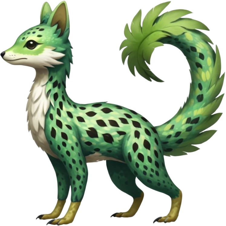  Feathery speckled flecked Japanese oriental asian painted Greenish beautiful handsome gorgeous aesthetic colorful vibrant Vernid-Trico-species-Fakemon-creature by LiLaiRa, 4 legs, 1 tail, random markings, (full body) emoji