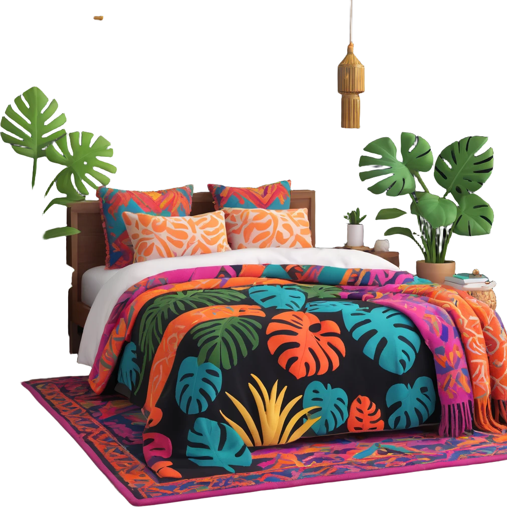 modern boho bedroom with monstera plants, colorful textured rugs, and piles of cozy blankets emoji