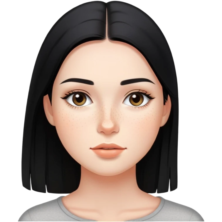 young woman with sleek black straight hair, natural makeup, and freckles across cheeks emoji