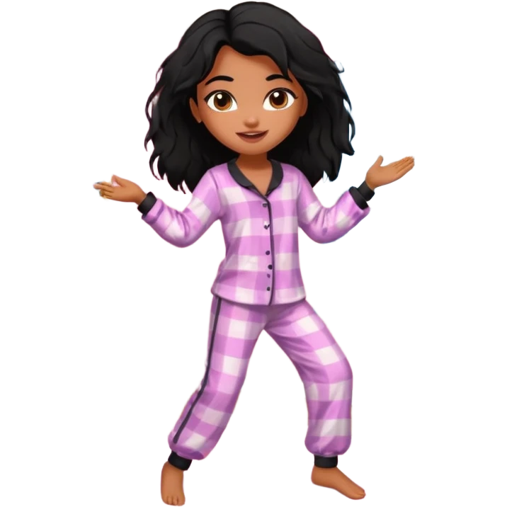 generate a pretty bratz brown skinned girl with messy black hair in pyjamas dancing in room emoji