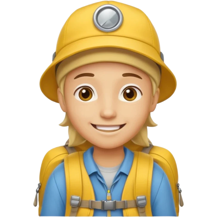 Cartoon explorer wearing a yellow cap and yellow backpack, casual outdoor outfit emoji