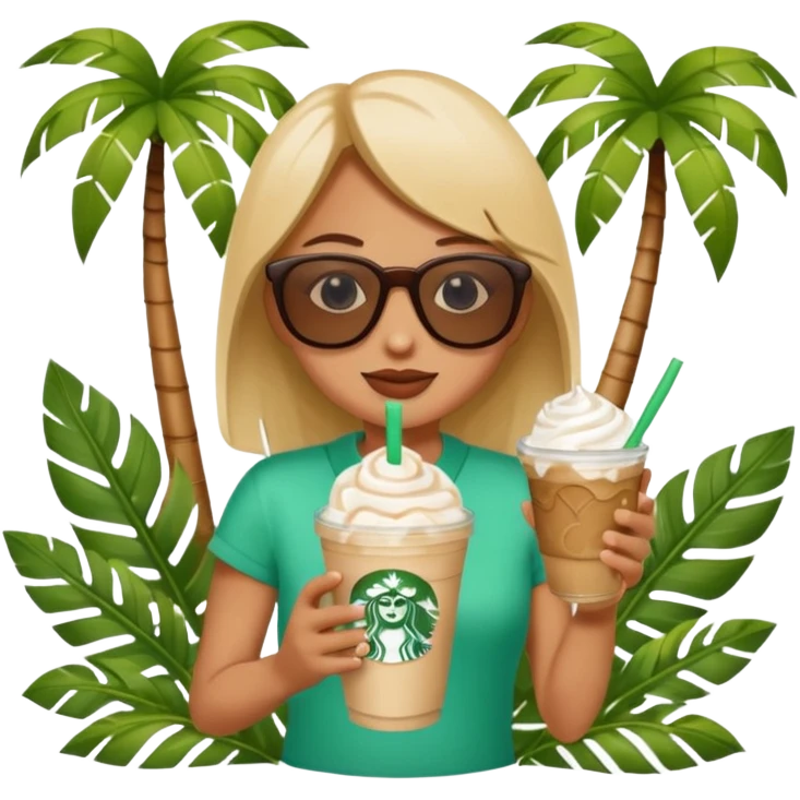 Starbucks summer with cold frappuccino, sunglasses, palm leaves, playful emoji style emoji