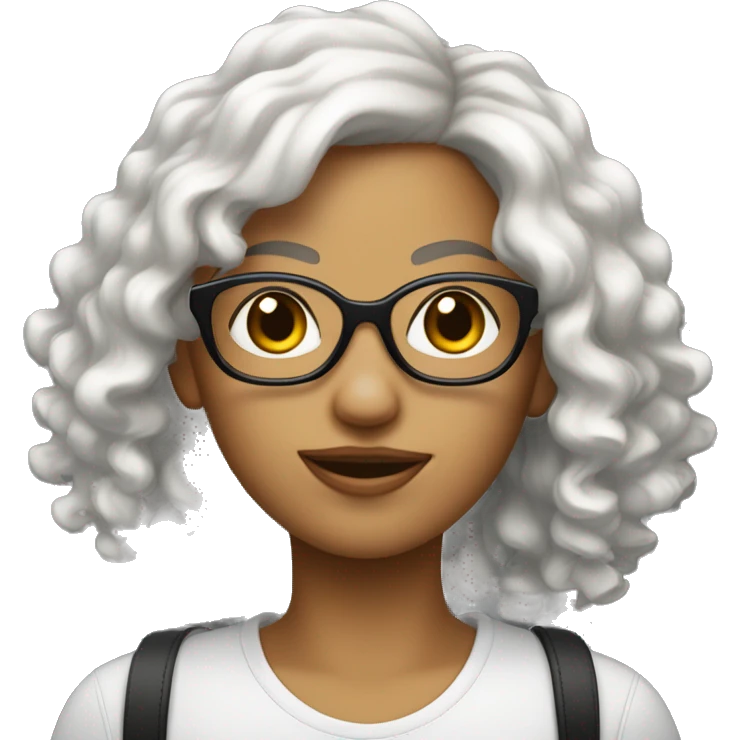Une fille blanche avec les cheveux noirs bouclés et des lunettes emoji