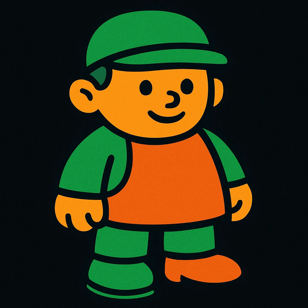 miniature of a person, green and orange colors, black background, vibrant style emoji