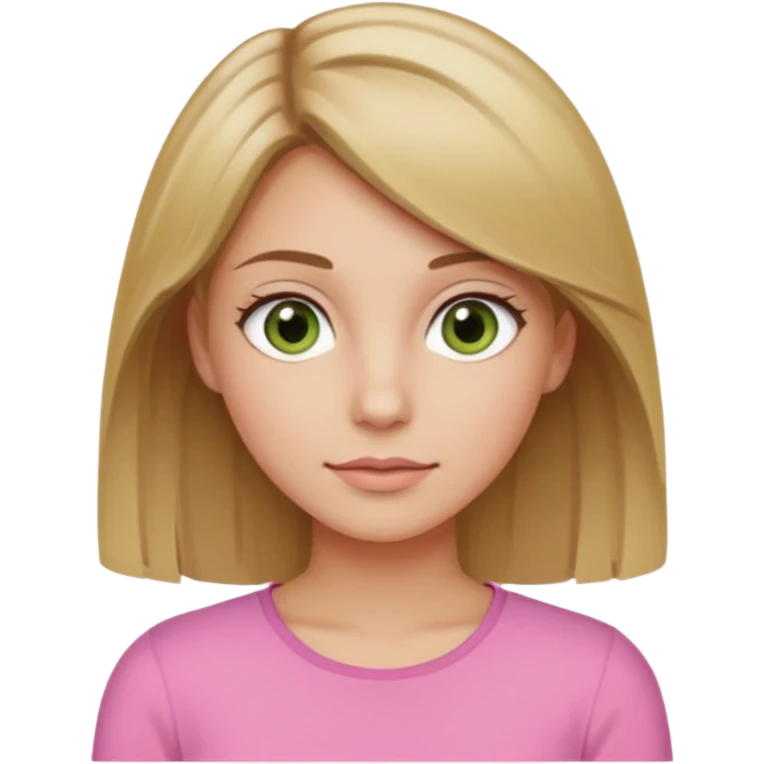 Mujer piel blanca, ojos cafés verdosos, cabello café claro con mechas rubias con un top rosado emoji