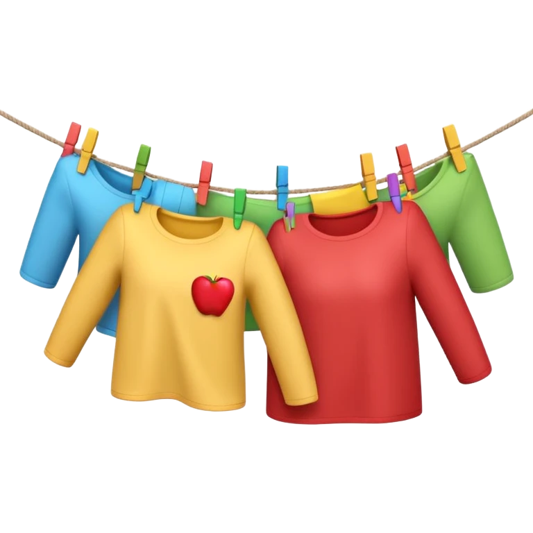 Apple-style 3D emoji showing two human hands hanging colorful clothes on a clothesline with clothespins, only hands, part of the rope, and laundry visible, bright cheerful atmosphere, clean white background, soft lighting



 emoji