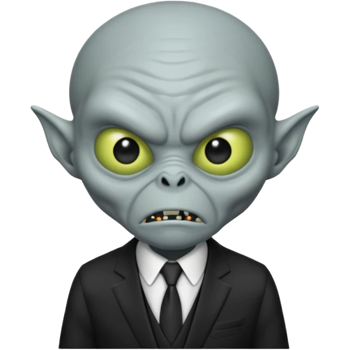 an old alien with black suit, grey skin, angry emoji