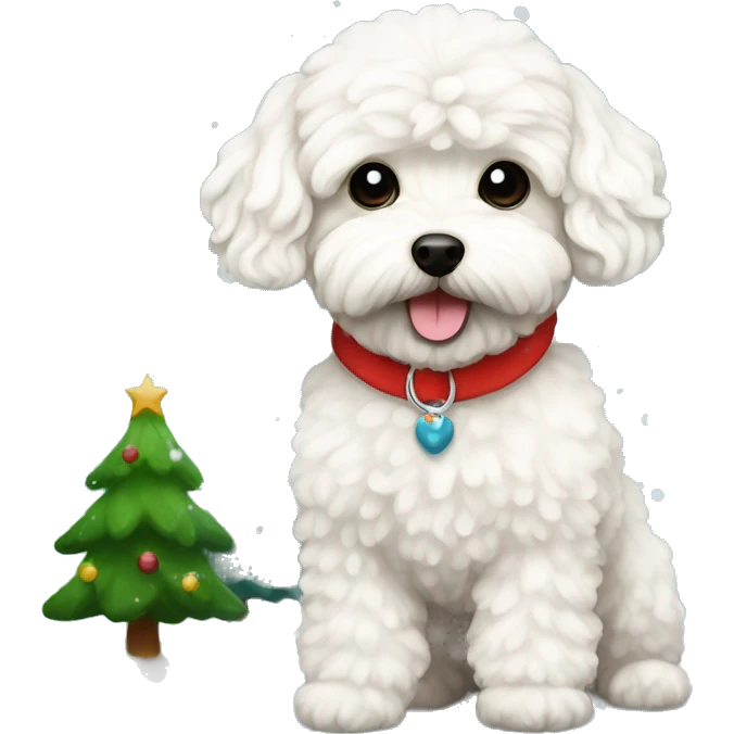 Dog Maltipoo with snow and Christmas tree  emoji