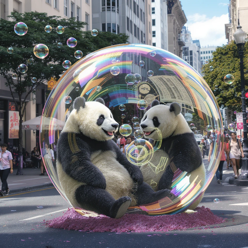 Cinematic still pandas bears sitting inside bubbles flying around San Francisco downtown, sunny summer day, happy vibe, colorfull surround, rainbow emoji