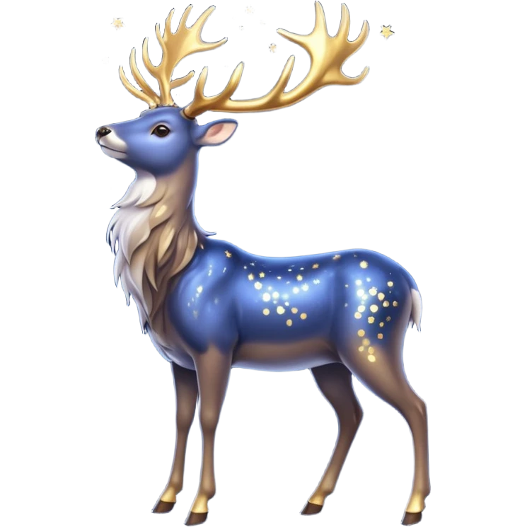 Celestial Stag emoji – full body, majestic stag with shimmering silver body and deep midnight-blue fur, tall glowing golden antlers shaped like constellations, small star accents, slight side angle emoji