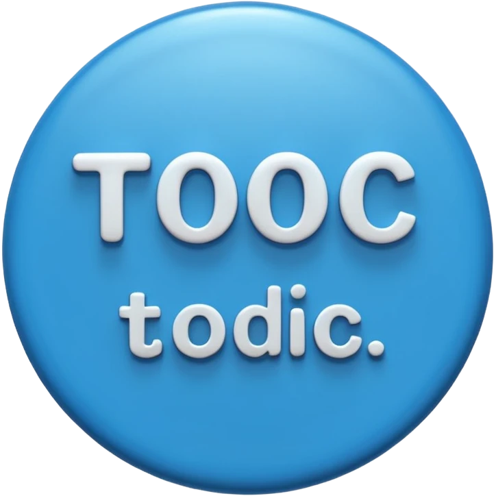A glossy, three-dimensional emoji pin badge showing the text "TODOC". The font is modern, rounded, sans-serif, and colored in a professional medical blue. The badge has soft edges and reflections, in the style of Apple emojis. White background. emoji