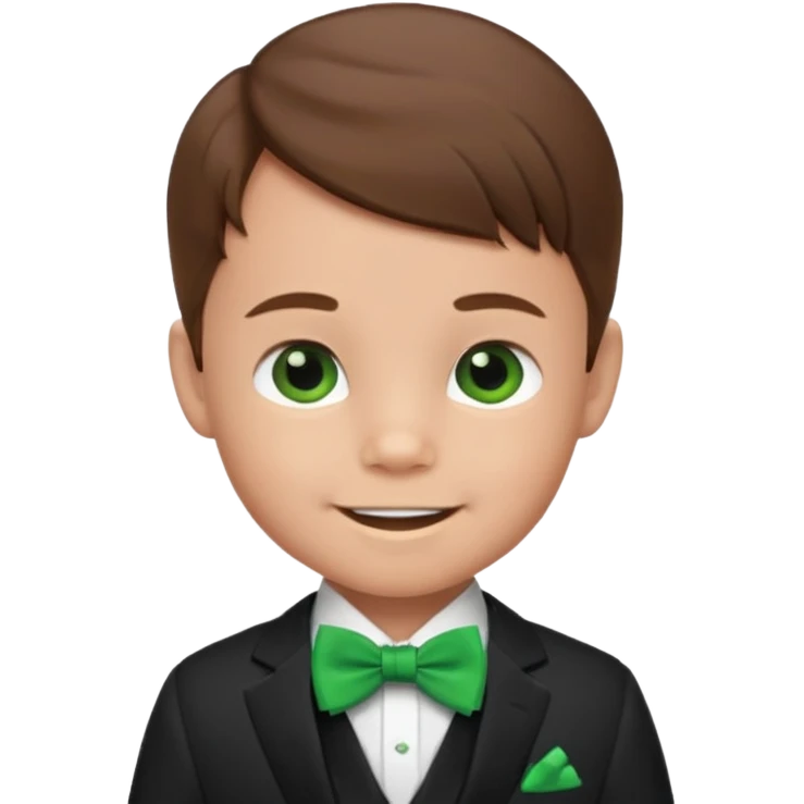 baby boy, brown hair in suit, with green bow, smile emoji