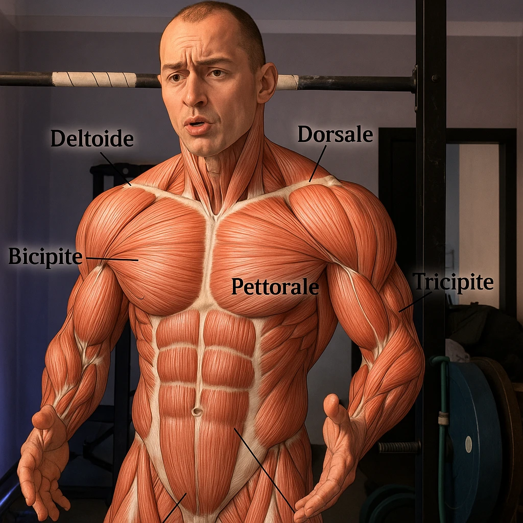Highlight the muscle fibers of the man's body in the reference photo in a realistic anatomical style, maintaining the original pose and expression. Add labels in Italian for the main muscles: pettorale, bicipite, tricipite, deltoide, trapezio, dorsale, addome. emoji