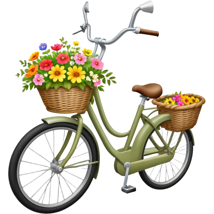 A pale olive bike with a basket and flowers in it emoji