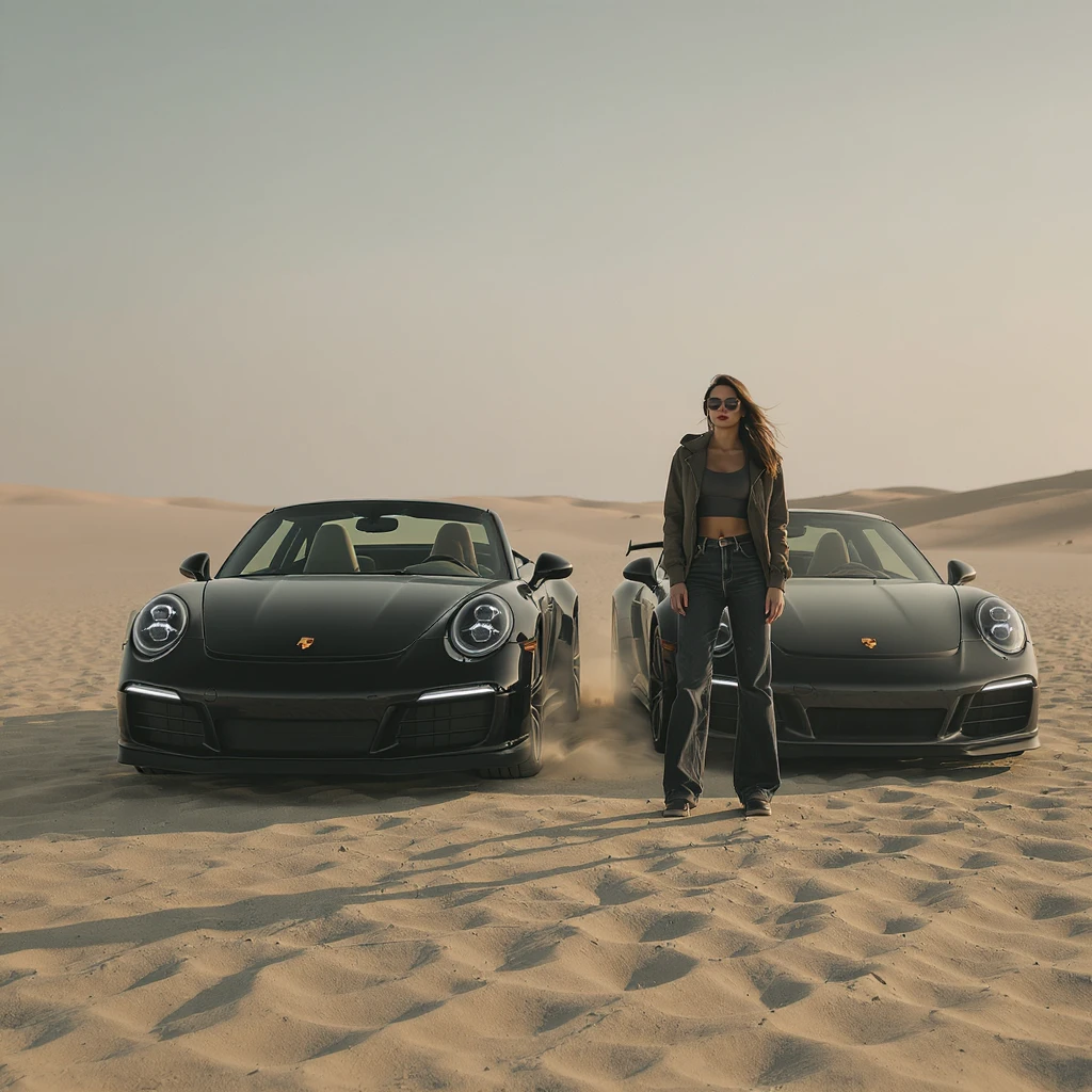 Cinematic still of a woman next to  porsche 911 on desert emoji