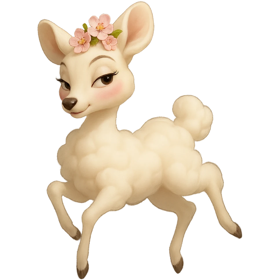 feminine vanilla cloud doe floating gracefully with rosy cheeks and cherry flowers on its head, Pixar-inspired art, touch of allure and sophistication, always tasteful emoji