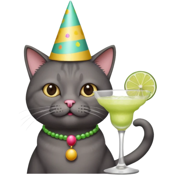 An old, dark grey cat is wearing a party hat, and drinking a margarita. emoji