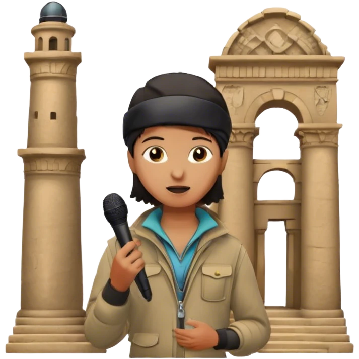 Icon for Documentary Film: A TV-style design with a traveler speaking in front of ancient ruins. Include details like a microphone, the traveler in casual explorer attire, and the ruins in the background. Capture the atmosphere of an informative journey through history. Transparent background. emoji