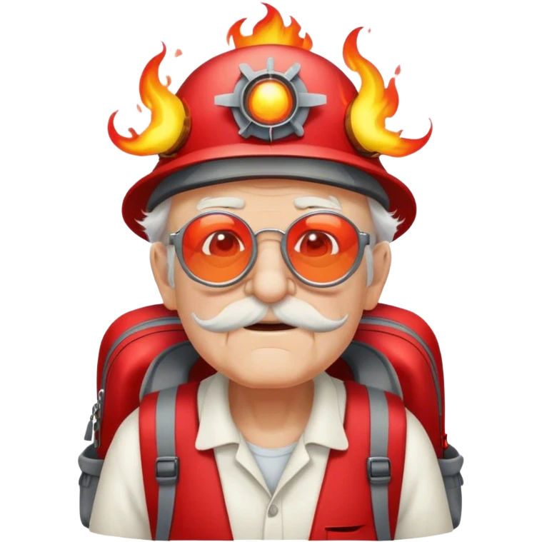 Old man wearing flaming glasses, a propeller hat, and a red backpack emoji